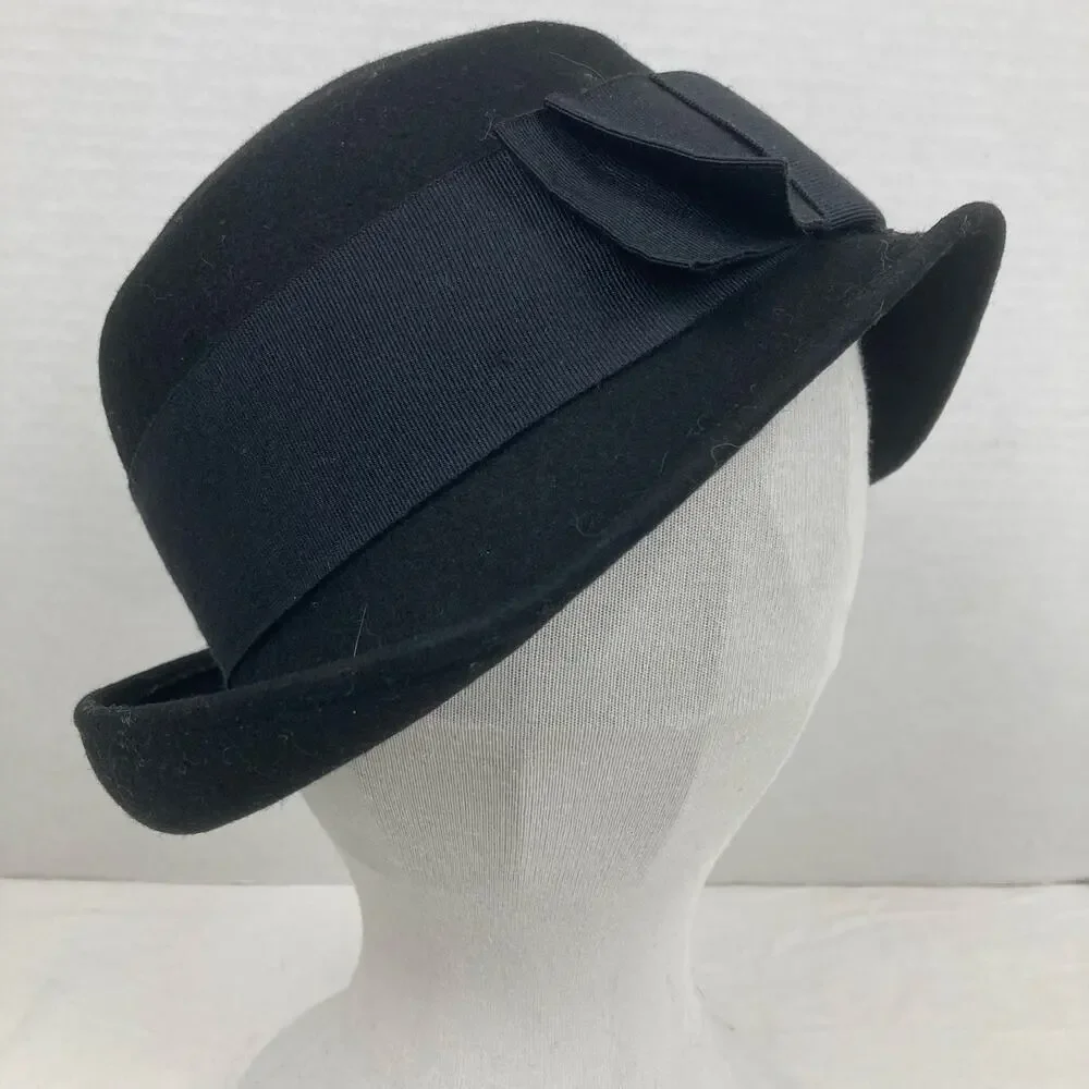 Cloche Felt Wool Hat Women OS Black Bucket Ribbon Bow 1920s Style Bell Romantic